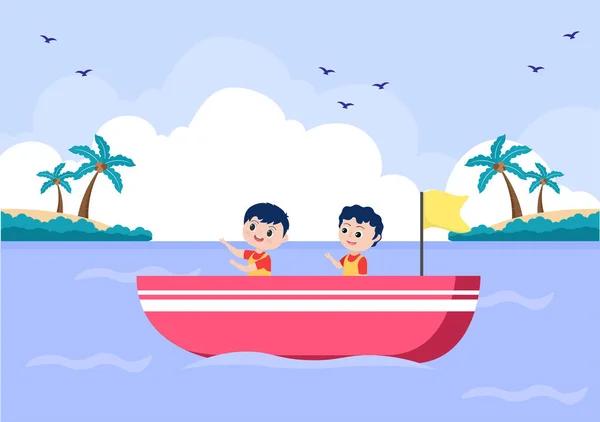 Kinder Cartoon Segelboot Mit See Oder Seeblick Hintergrund Vektor Illustration — Stockvektor