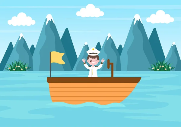 Kids Cartoon Sailing Boat Sea Lake View Ιστορικό Διάνυσμα Εικονογράφηση — Διανυσματικό Αρχείο