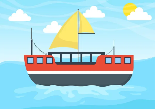 Dibujos Animados Barco Vela Con Vista Mar Lago Fondo Vector — Vector de stock