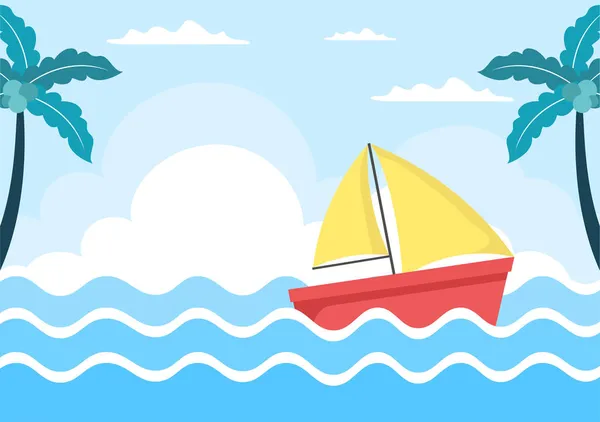带有海景或湖景背景图片的卡通帆船 暑期康乐 体育活动及户外康乐生活方式 — 图库矢量图片