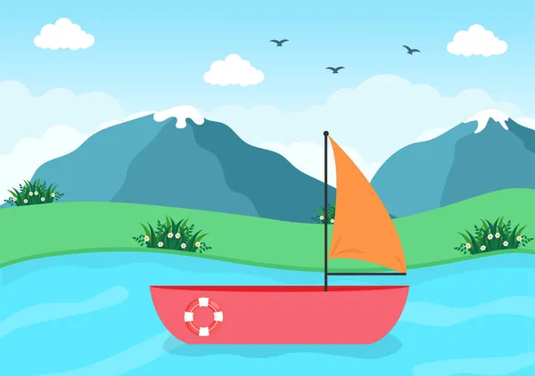 Dibujos Animados Barco Vela Con Vista Mar Lago Fondo Vector — Vector de stock