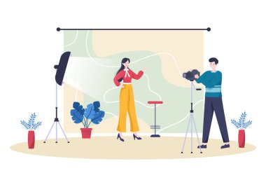 Fotoğraf Stüdyosu Düz Tasarım Arkaplanı. Işıklı Fotoğraf Modeli, Dijital Film Ekipmanı ve Çizgi Film Biçimli Vektör illüstrasyonunda Kamera