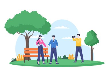 Park 'ta Profesyonel Kamera Fotoğrafçısı Çiftle Flat Design. Çizgi film Biçim Vektör İllüstrasyonu