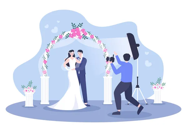 Estudio Boda Foto Plana Diseño Fotógrafo Tiro Modelo Hombre Mujeres — Vector de stock