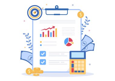 Pano, Hesap Makinesi ve Takvim Vektör İllüstrasyonundaki Kontrol Listesinde Harcamaları Yönetmek veya Planlamak için Bütçe Finans Analisti