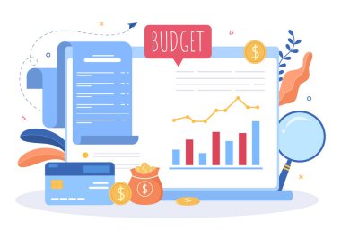 Pano, Hesap Makinesi ve Takvim Vektör İllüstrasyonundaki Kontrol Listesinde Harcamaları Yönetmek veya Planlamak için Bütçe Finans Analisti
