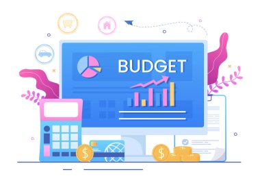 Pano, Hesap Makinesi ve Takvim Vektör İllüstrasyonundaki Kontrol Listesinde Harcamaları Yönetmek veya Planlamak için Bütçe Finans Analisti