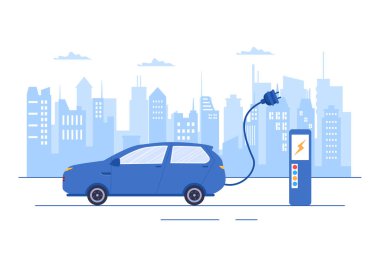 Elektrik Araba Bataryalarını Yeşil Çevre, Ekoloji, Sürdürülebilirlik veya Temiz Hava kullanan Şarj ve Kablo Tamponları ile şarj etmek. Vektör illüstrasyonu