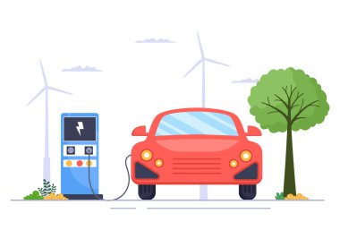 Elektrik Araba Bataryalarını Yeşil Çevre, Ekoloji, Sürdürülebilirlik veya Temiz Hava kullanan Şarj ve Kablo Tamponları ile şarj etmek. Vektör illüstrasyonu
