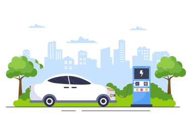 Elektrik Araba Bataryalarını Yeşil Çevre, Ekoloji, Sürdürülebilirlik veya Temiz Hava kullanan Şarj ve Kablo Tamponları ile şarj etmek. Vektör illüstrasyonu