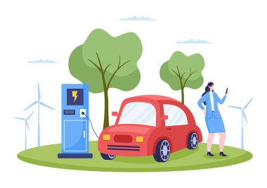 Elektrik Araba Bataryalarını Yeşil Çevre, Ekoloji, Sürdürülebilirlik veya Temiz Hava kullanan Şarj ve Kablo Tamponları ile şarj etmek. Vektör illüstrasyonu