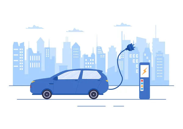 为电动汽车电池充电时使用绿色环境 可持续性或清洁空气的充电器和电缆插头的概念 矢量说明 — 图库矢量图片