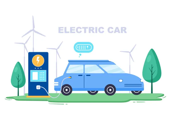 Φόρτιση Ηλεκτρικών Μπαταριών Αυτοκινήτου Την Έννοια Του Φορτιστή Και Καλώδιο — Διανυσματικό Αρχείο