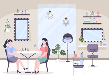 Güzellik Salonundaki Kadın için Makyaj Düz Tasarım Çizimi Kozmetik Oje, Mascara, Ruj, Göz farı, Fırça, Toz ve Manikür Pedikür