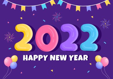 Mutlu yıllar 2022 Şablon Düz Tasarım Çizimi Kurdeleler ve Konfeti Poster, Broşür veya Sancak İçin Renkli Bir Arkaplan
