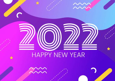 Mutlu yıllar 2022 Şablon Düz Tasarım Çizimi Kurdeleler ve Konfeti Poster, Broşür veya Sancak İçin Renkli Bir Arkaplan