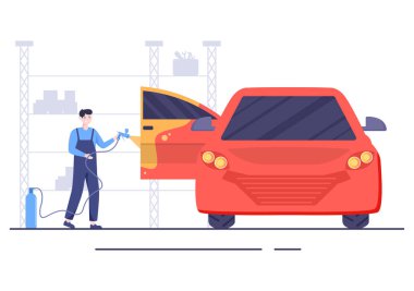 Düz Vektör Resimlerinde Yeni Renk Vermek İçin Araç Vücuduna Boyalı, Havalı veya Sprey Tabancalı Araba Boyama Makinesi