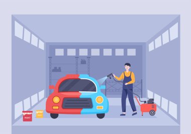 Düz Vektör Resimlerinde Yeni Renk Vermek İçin Araç Vücuduna Boyalı, Havalı veya Sprey Tabancalı Araba Boyama Makinesi