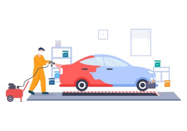 Düz Vektör Resimlerinde Yeni Renk Vermek İçin Araç Vücuduna Boyalı, Havalı veya Sprey Tabancalı Araba Boyama Makinesi