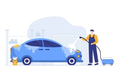 Araba Yıkama Servisi Düz Tasarım Çizimi. Otomobil Yıkama İşçileri Arkaplan, Poster veya Sancak İçin Sünger Sabun ve Su Kullanıyor
