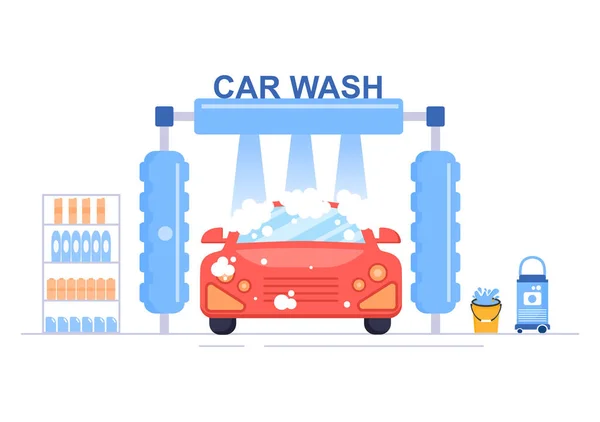 洗車サービスフラットデザインイラスト スポンジ石鹸と水を背景 ポスター バナーに使用して自動車を洗浄する労働者 — ストックベクタ
