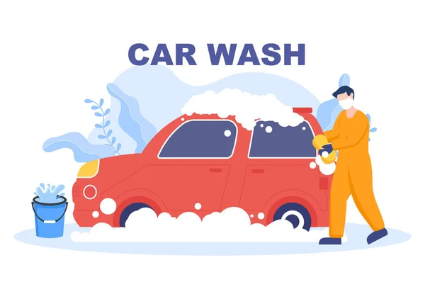 Car Wash Service Płaski Projekt Ilustracji Pracownicy Mycia Samochodów Przy — Wektor stockowy