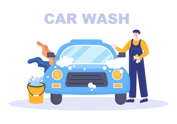 Biltvätt Service Flat Design Illustration Arbetstagare Tvätt Automobile Använda Svampar — Stock vektor