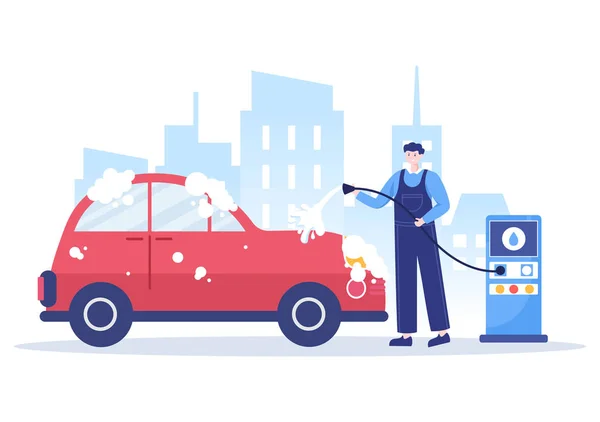 Υπηρεσία Πλυντηρίου Αυτοκινήτων Επίπεδη Σχεδίαση Εικονογράφηση Εργαζόμενοι Πλύσιμο Αυτοκινήτων Χρησιμοποιώντας — Διανυσματικό Αρχείο