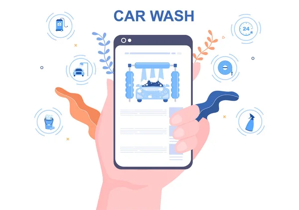 車の洗浄サービスオンラインフラットデザインイラスト スポンジ石鹸と水を背景 ポスター バナーに使用して自動車を洗浄する労働者 — ストックベクタ
