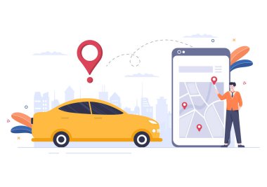 Çevrimiçi Taksi Rezervasyon Smartphone 'daki Mobil Uygulama ile Seyahat Hizmeti Düz Tasarım Resimleri Birisini Arkaplan, Poster ya da Sancak İçin Uygun Varış yerine Götür