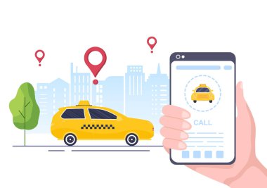 Çevrimiçi Taksi Rezervasyon Smartphone 'daki Mobil Uygulama ile Seyahat Hizmeti Düz Tasarım Resimleri Birisini Arkaplan, Poster ya da Sancak İçin Uygun Varış yerine Götür