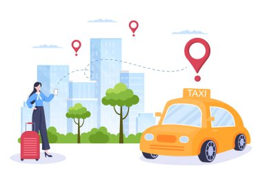Çevrimiçi Taksi Rezervasyon Smartphone 'daki Mobil Uygulama ile Seyahat Hizmeti Düz Tasarım Resimleri Birisini Arkaplan, Poster ya da Sancak İçin Uygun Varış yerine Götür