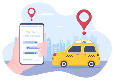 Çevrimiçi Taksi Rezervasyon Smartphone 'daki Mobil Uygulama ile Seyahat Hizmeti Düz Tasarım Resimleri Birisini Arkaplan, Poster ya da Sancak İçin Uygun Varış yerine Götür