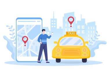 Çevrimiçi Taksi Rezervasyon Smartphone 'daki Mobil Uygulama ile Seyahat Hizmeti Düz Tasarım Resimleri Birisini Arkaplan, Poster ya da Sancak İçin Uygun Varış yerine Götür