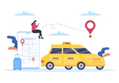Çevrimiçi Taksi Rezervasyon Smartphone 'daki Mobil Uygulama ile Seyahat Hizmeti Düz Tasarım Resimleri Birisini Arkaplan, Poster ya da Sancak İçin Uygun Varış yerine Götür