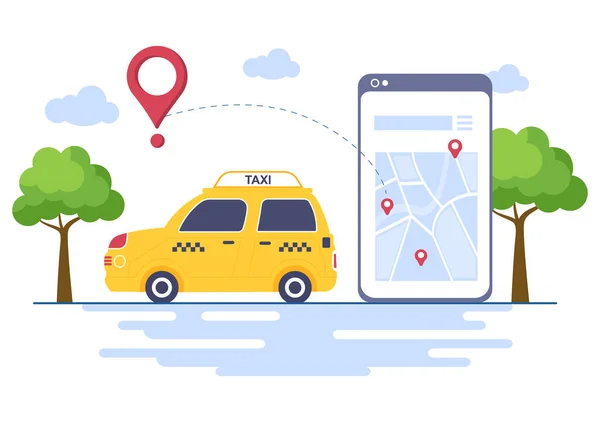 Taxi Online Booking Travel Service Flat Design Illustration Vía Mobile — Vector de stock