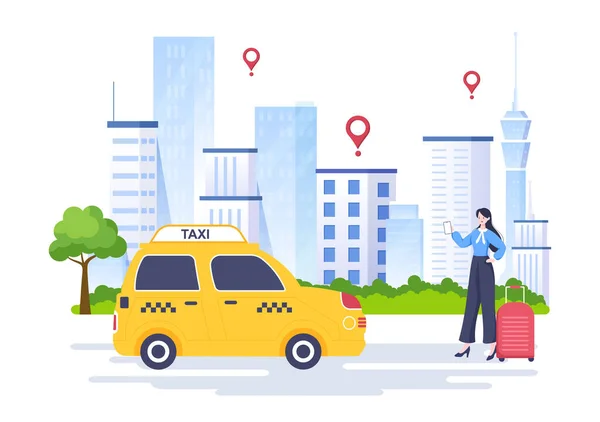 Taxi Online Booking Travel Service Flat Design Illustration Vía Mobile — Vector de stock