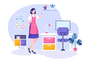 Temizlik Servisi Daire Tasarımı Çizimi. İnsanlar Arkaplan, Afiş ya da Afiş İçin Evdeki Toz ve Süpürme Zeminini Boşalt, Temizle