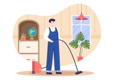 Temizlik Servisi Daire Tasarımı Çizimi. İnsanlar Arkaplan, Afiş ya da Afiş İçin Evdeki Toz ve Süpürme Zeminini Boşalt, Temizle