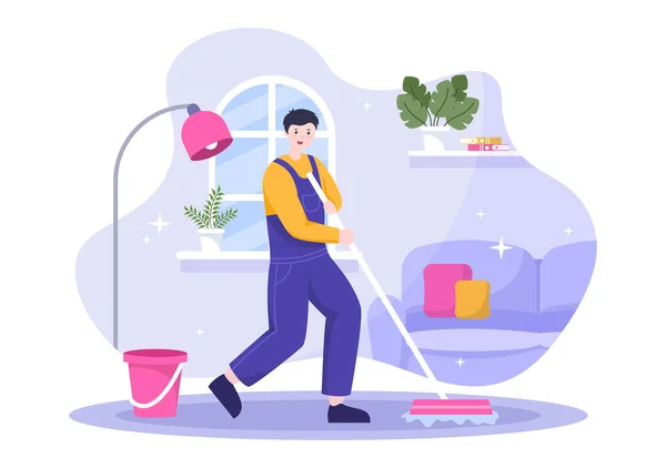 Очищення Салонного Дизайну People Vacuum Wipe Dust Sweeping Floor House — стоковий вектор