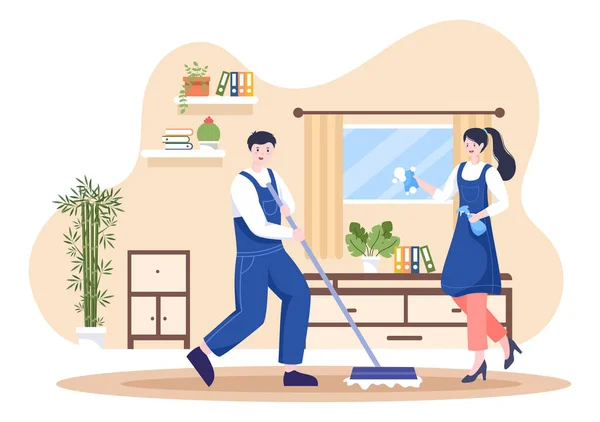 Cleaning Service Flat Design Illustration People Vacuum Wipe Dust Sweeping — Stock Vector