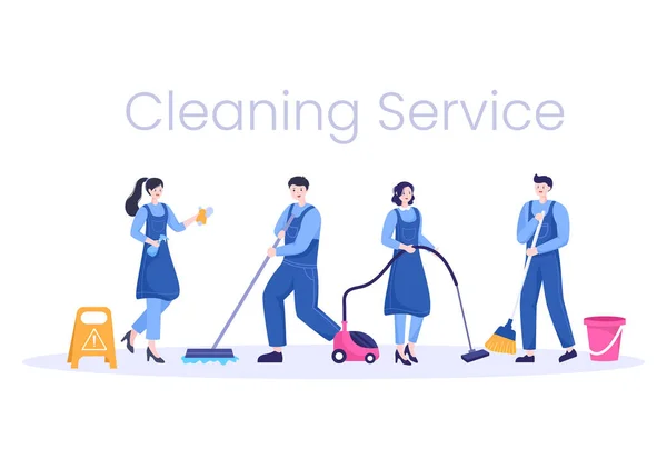 清洁服务平面设计说明 在房屋的背景 横幅或海报中 人们用吸尘器 擦拭灰尘和扫地 — 图库矢量图片