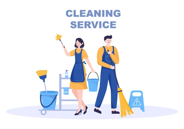 清洁服务平面设计说明 在房屋的背景 横幅或海报中 人们用吸尘器 擦拭灰尘和扫地 — 图库矢量图片