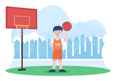 Arka plan, Poster ya da Sancak için Açık Mahkeme 'de Basket Üniforması Giyen Mutlu Genç Adam Basketbol Düz Tasarım İllüstrasyonu Oynuyor