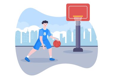 Arka plan, Poster ya da Sancak için Açık Mahkeme 'de Basket Üniforması Giyen Mutlu Genç Adam Basketbol Düz Tasarım İllüstrasyonu Oynuyor