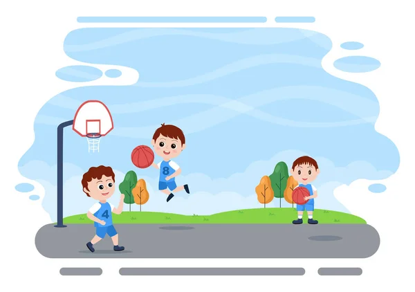 快乐儿童卡通游戏篮球平面设计图解穿篮子制服户外庭院背景 海报或横幅 — 图库矢量图片