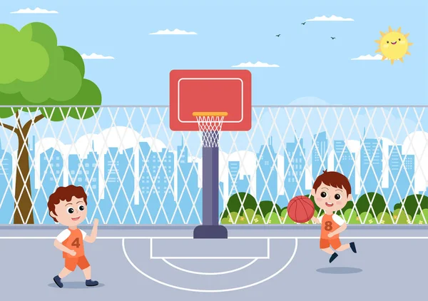 Happy Kids Cartoon Playing Basketball Flat Design Illustration Nosící Košík — Stockový vektor