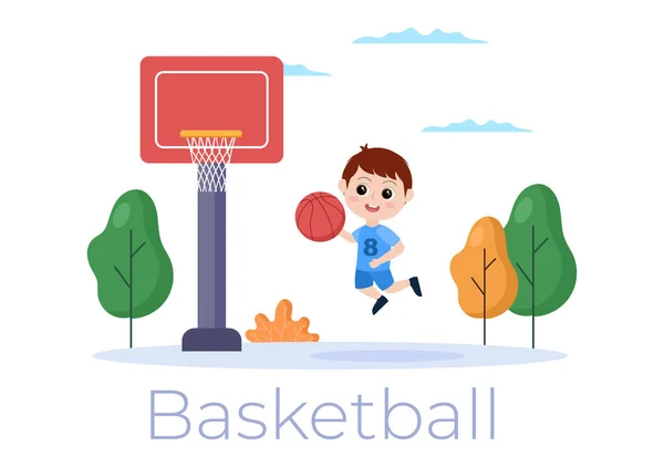 Desenhos Animados Crianças Felizes Jogando Basquete Design Plano Ilustração Vestindo — Vetor de Stock