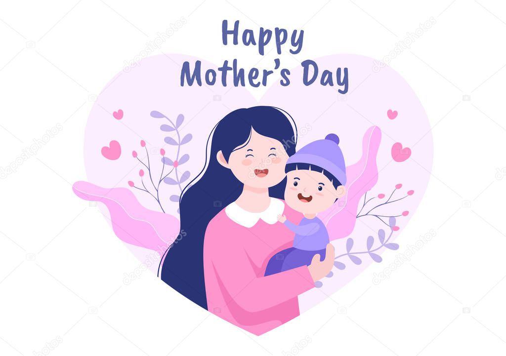 Happy Mother Day Flat Design Illustration. Mother Holding Baby or with Their Children Which is Commemorated on December 22 for Greeting Card and Poster