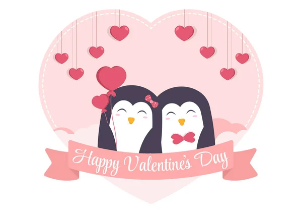 Nettes Paar Animal Penguin Happy Valentine Day Flache Design Illustration — Stockvektor